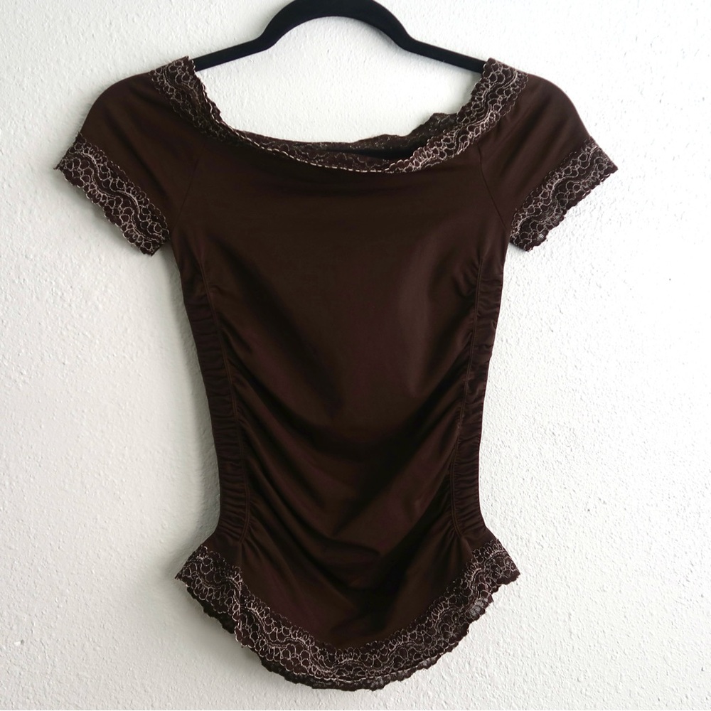 Vintage Y2K Last Tango Brown Stretch Lace Trim Top with Scoop Neck